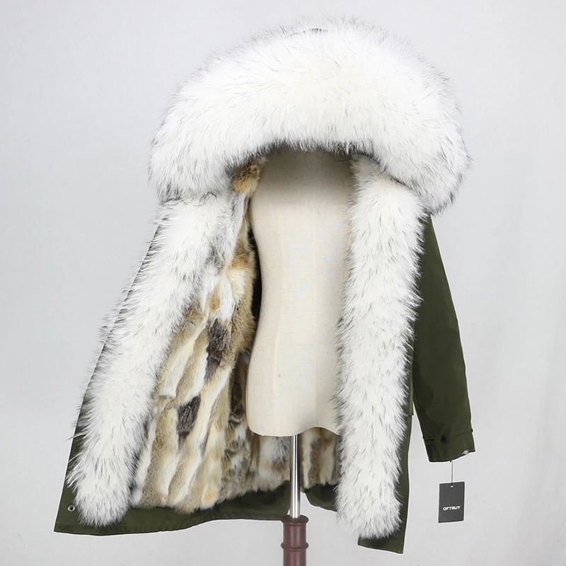 green black white E OFTBUY, водонепроницаемая парка, зимняя куртка, Женское пальто с натуральным мехом енота, воротник из натурального меха, капюшон, подкладка из кроличьего меха, толстая теплая верхняя одежда - Цвет: green black white E