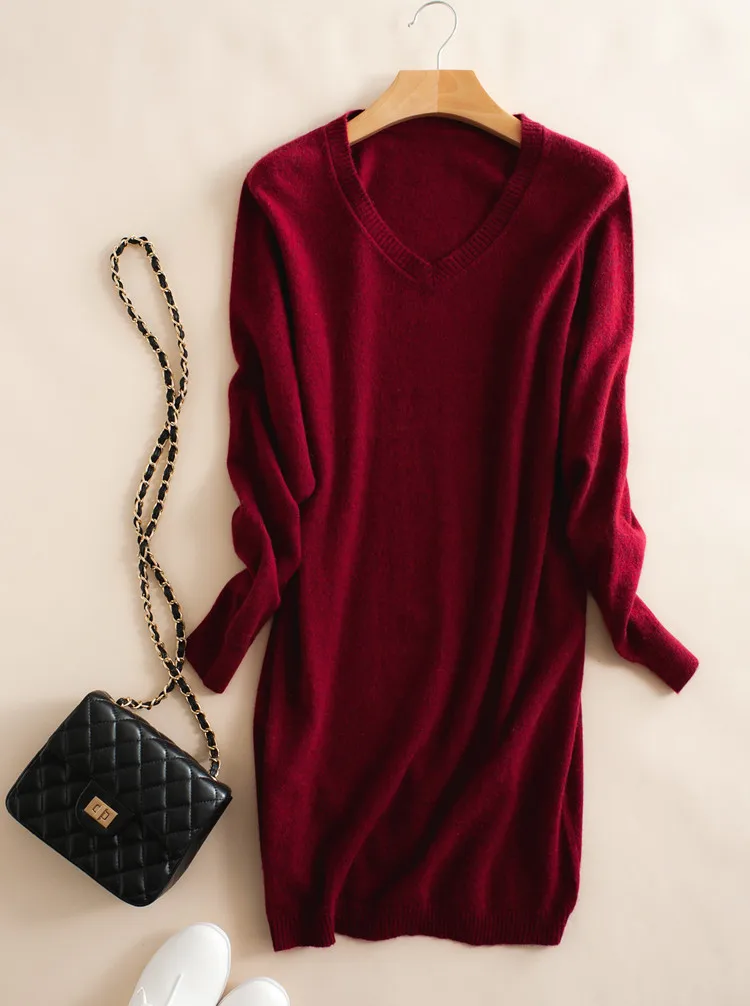 100%goat cashmere knit women's commuting pullover sweater dress mid long above knees V/O-neck S/5XL wholesale retail | Женская