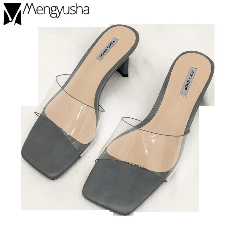 Прозрачные Девушки странные низкий каблук обувь шлёпанцы 2019 Лето коренастый