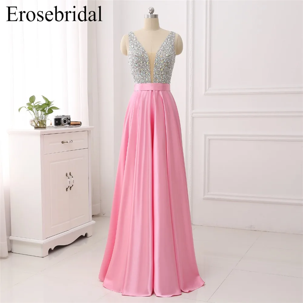 Erosebridal вечернее платье длинное линия V шеи халат, украшенный бисером De Soiree мягкий Атлас формальное платье женское элегантное платье
