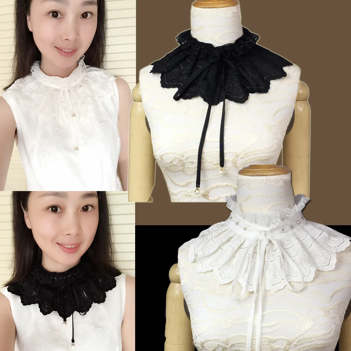 Летний Мини хлопковый кружевной воротник шаль с жемчужной пряжкой съемный