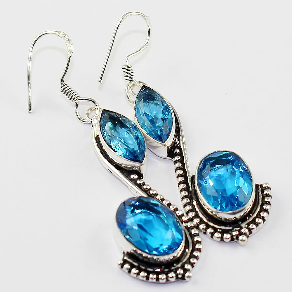 

Blue Topas Earrings Silver Overlay over Copper , 60mm, E1243