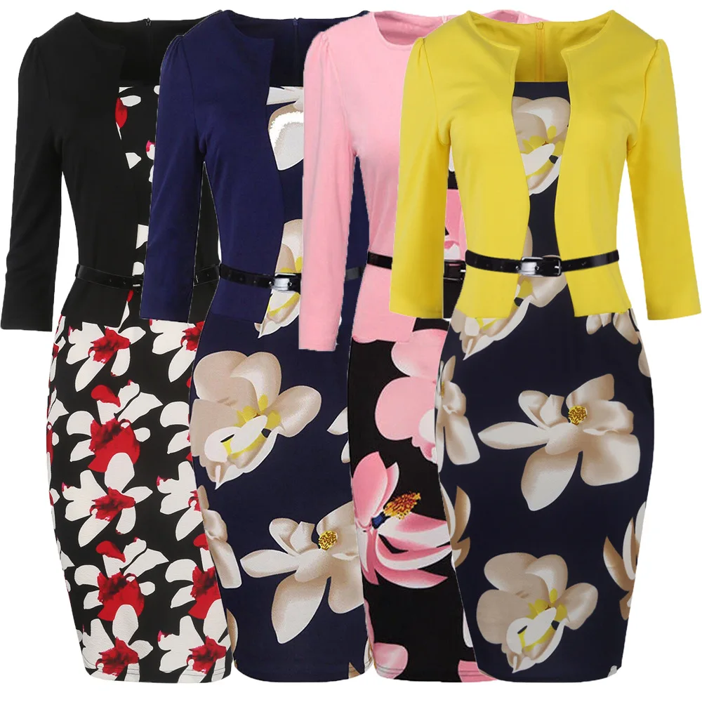 

2018 Office Women Fall Patchwork Floral Print Elegant Business Party Formal Office Plus Size Bodycon Pencil Work Dresses