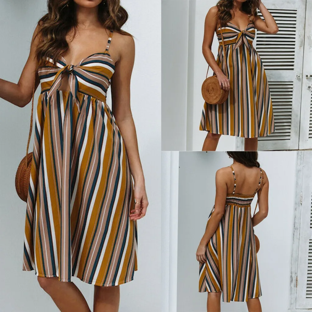 Летнее женское Повседневное платье с пикантным ремешком на бретельках в полоску