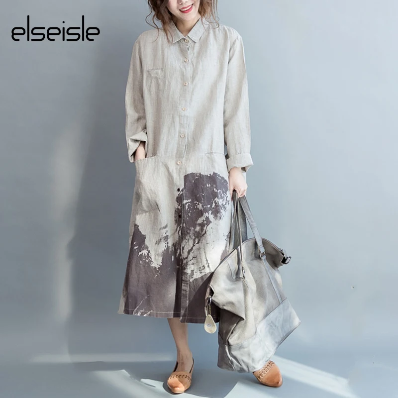 Женское платье-рубашка elseisle льняное винтажное белое платье с длинным рукавом