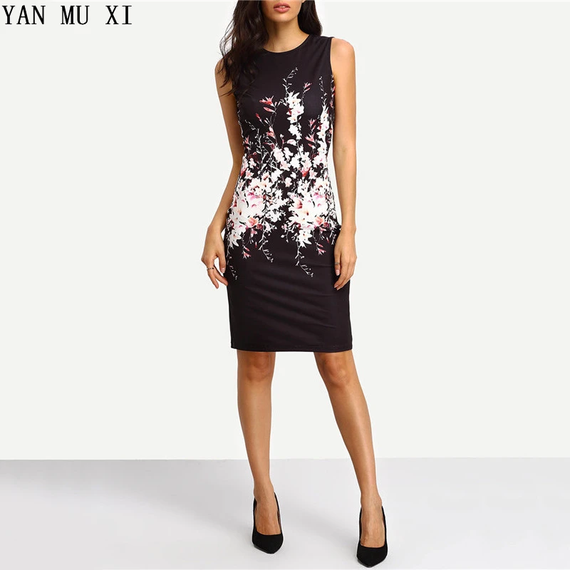

New brand YAN MU XI 2017 summer Europe and the United States fashion sleeveless round neck Slim pack print Harajuku dress