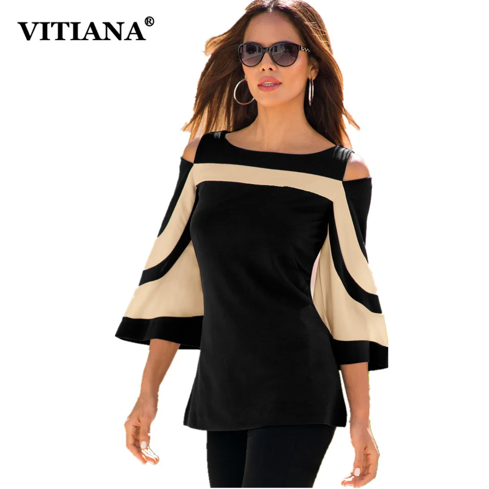 VITIANA Women Black Striped 3/4 Batwing Sleeve Elegant Summer Tops Tee Female 2018 Spring Off Shoulder T Shirt Ladies Clothing|off shoulder t shirt|t