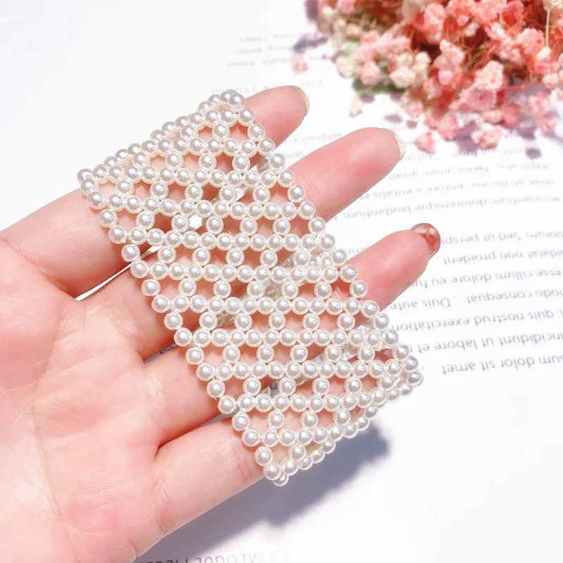 

New Fashion Wide Bracelet White Simulated Pearl Handmade Weave Elastic Bracelets For Women Jewelry Korean Style