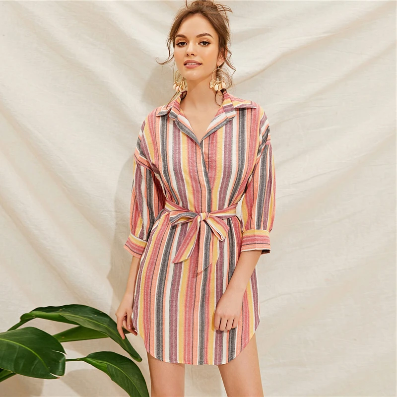 Sheinside Casual Colorful Stripe Print Shirt Dress Women Summer 3/4 Sleeve Straight Dresses Ladies Mini Dress