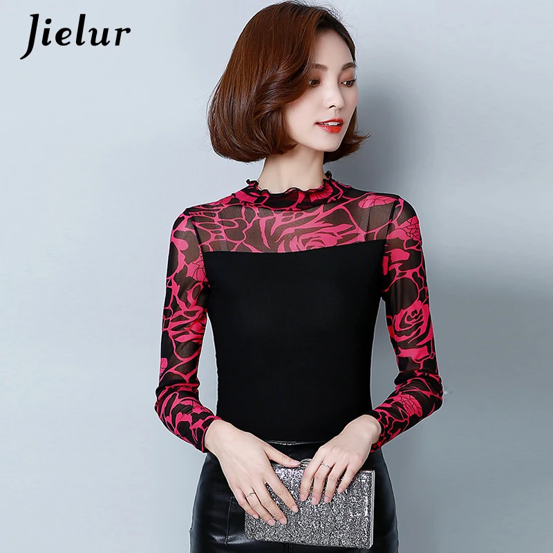 Jielur 2019 модная Осенняя женская футболка сетчатая с длинным рукавом Повседневная