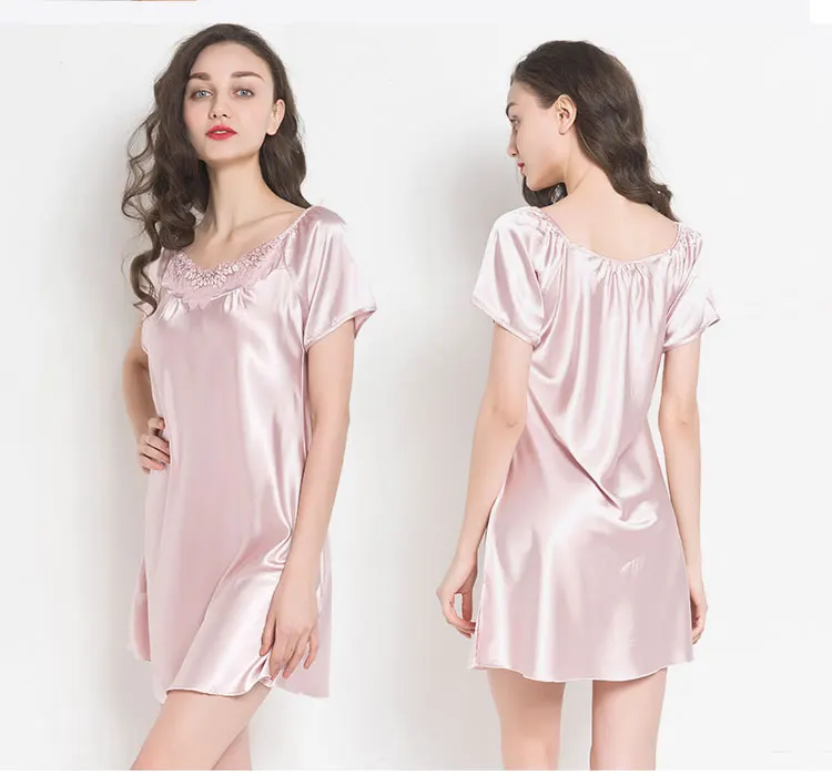 Дамы шелковая ночная рубашка для девочек пикантные шелковые Sleepdress короткий рукав сексуальное ночное белье сексуальное пижамы Мягкая Homedress ночная рубашка B-5311