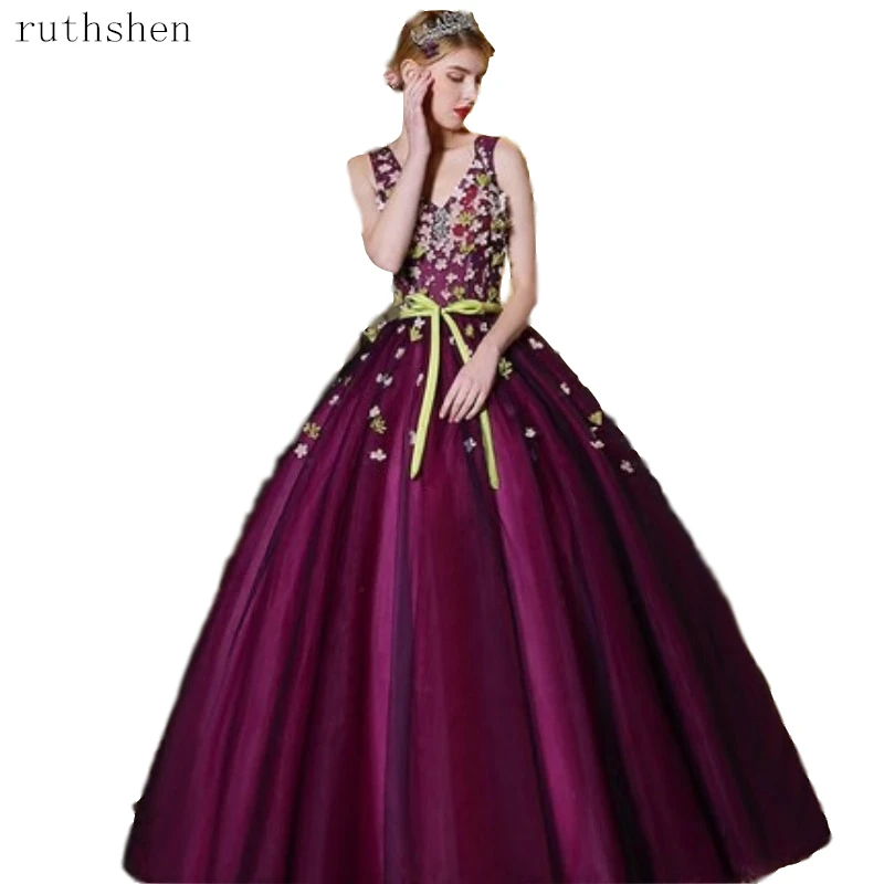 Длинные бальные платья 2019 фиолетовые пышные с аппликацией Vestidos De 15 Sixteen милые для