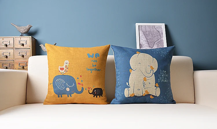 Льняная подушка в скандинавском стиле с изображением слонов|cotton cushion|decorative sofa