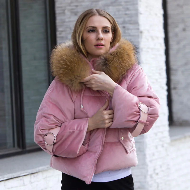Женская зимняя куртка 2018 большой пуховик с воротником из натурального меха енота