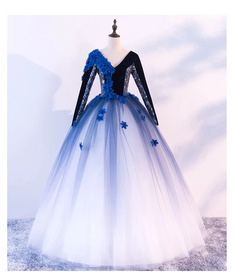 luxury stage perofrmance gown long sleeve ball V collar blue silk flowers medieval dress Renaissance queen cosplay | Тематическая