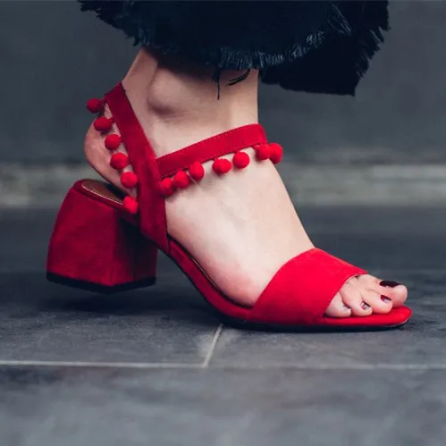 

Summer Gladiator Sandals Women sexy red chunky heels Shoes High Heels 6CM Pom Pom Sandals Women Open Toe Denim Sandals Women