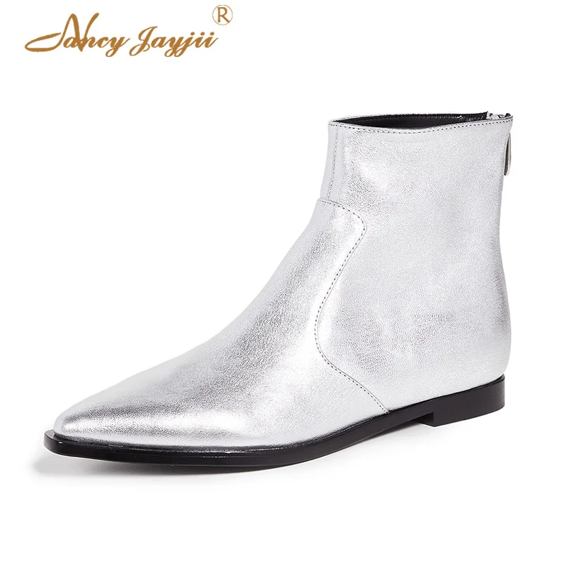 

Nancyjayjii Sliver Leather Flat Heel Women’S Casual Ankle Boots Pointed Toe Back Zipper Female Winter Short Booties 2021 Shoes