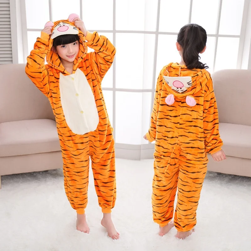 Tigger Зимние пижамы кигурумис для костюмированной вечеринки; детские комбинезоны; Пижамный костюм; одежда для сна для мальчиков и девочек с капюшоном и рисунком единорога - Цвет: Tigger