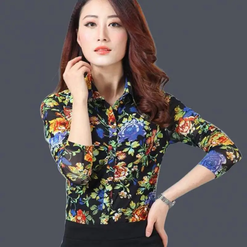 Spring Autumn Casual Women Floral Pattern Slim 3XL Full Sleeve Mesh Shirt Blouse , Female Woman Printed Fitted Flower Blouses