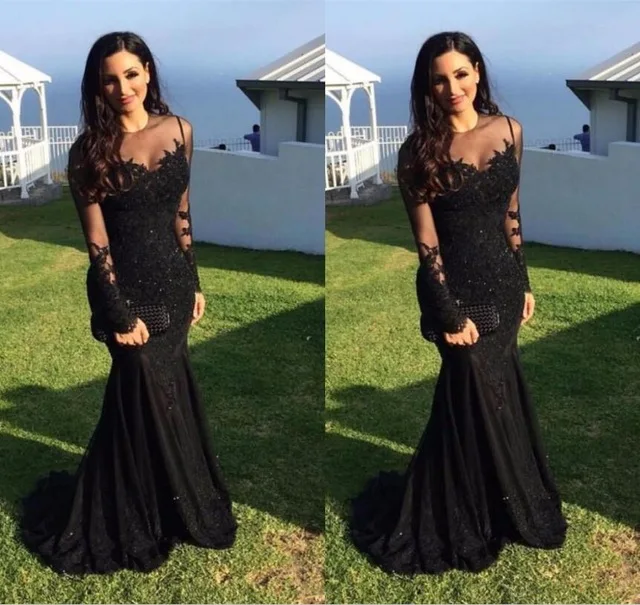 Черные мусульманские новые платья 2019 Русалка с длинным рукавом аппликации