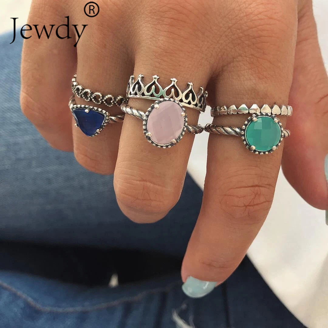 

6Pcs/set Pink Blue Green Crystal Vintage Knuckle Rings for Women Boho Crown Ring Set Bohemian Midi Finger Jewelry Bague Femme
