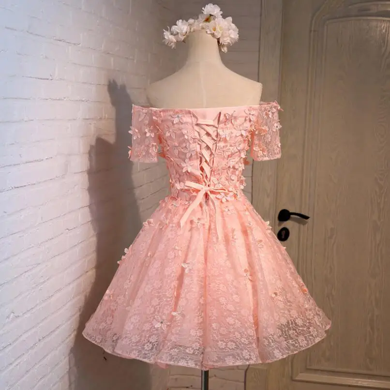 NICEOOXIAO Pink Short Evening Dress Embroidery with Lace Beaded Sleeve Party Ball Gown Formal 2019 Robe De Soiree | Свадьбы и