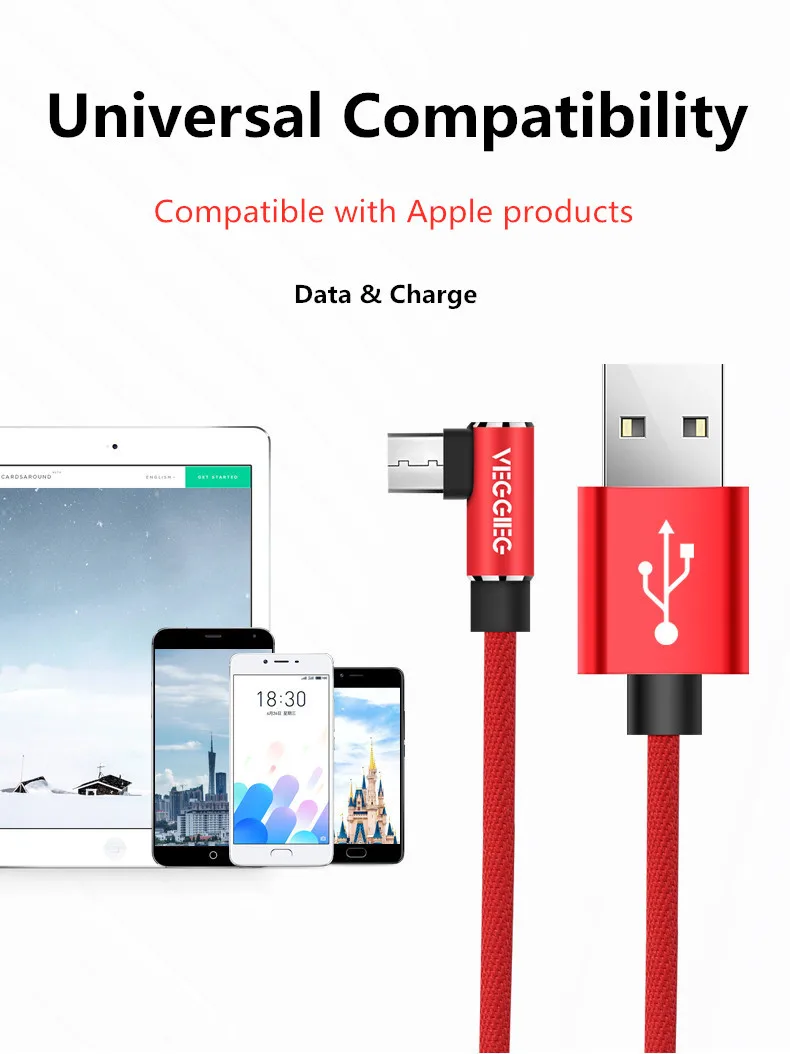 Veggieg нейлоновый USB до 90 градусов Micro-USB кабель для зарядки и синхронизации