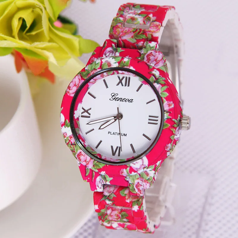

TOP NEW Big Size Flowers Watch Geneva Platinum Printed FLOWERS Plastic Band Analog Quartz Women wristwatch Vintage Fashion