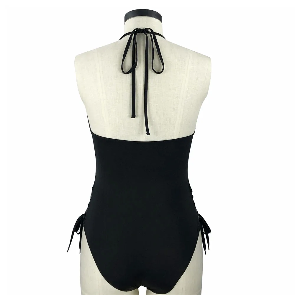 Женский купальник на шнуровке черный синий с открытой спиной спортивный пляжные