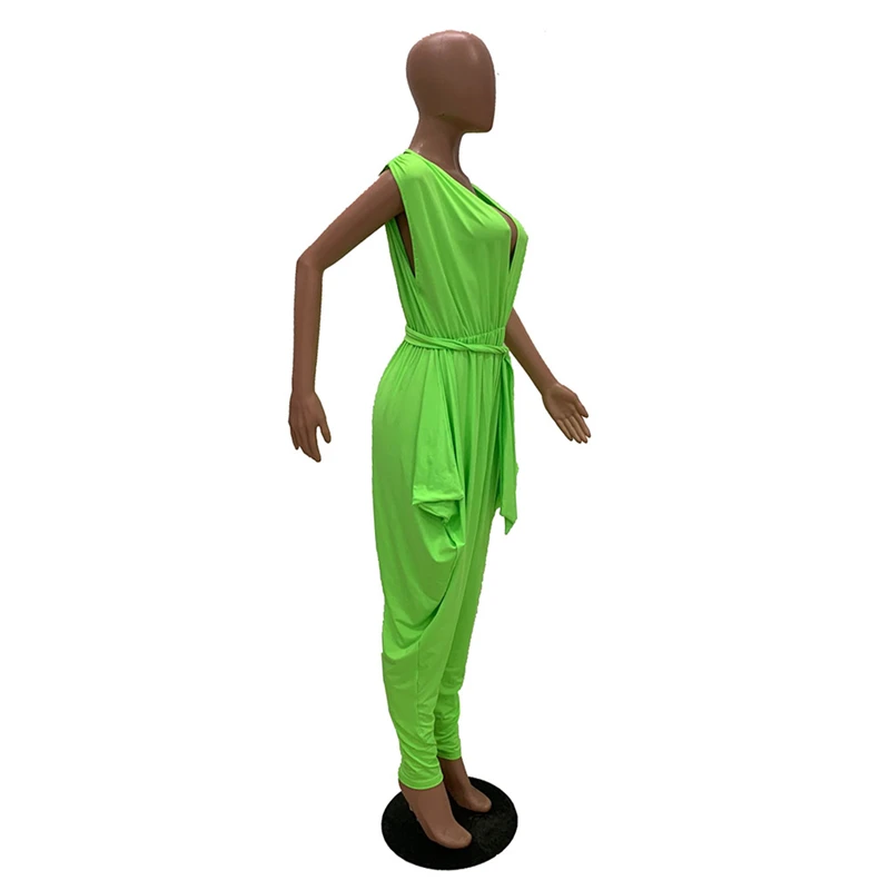 

Fluorescent Deep V-Neck Loose Jumpsuit Women Fashion Harem Pants Sexy Open Back Sleeveless Active Wear Club Party Playsuit