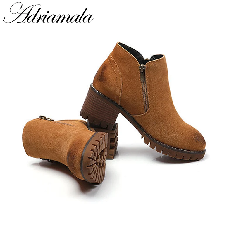 Зимние женские ботильоны 2017 Разделение кожа круглый носок квадратный каблук