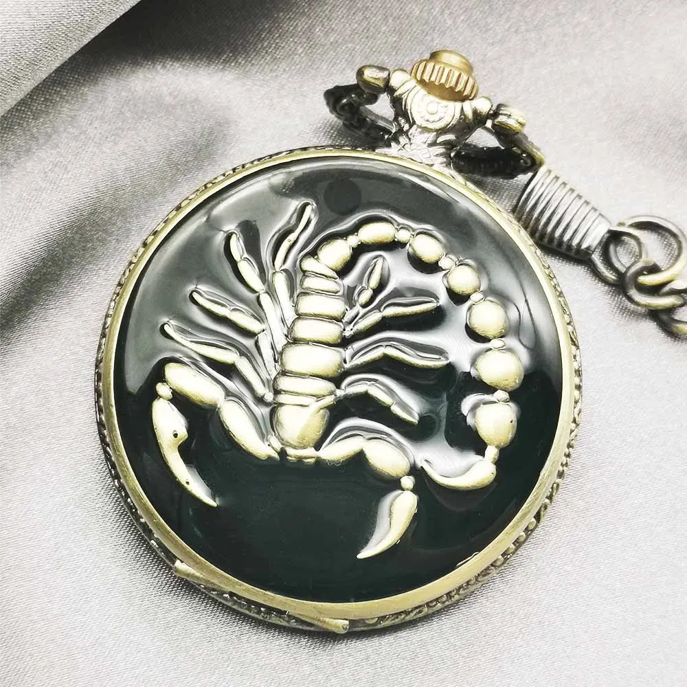 Высококачественные карманные часы Классический Скорпион из бронзы с кварцевым механизмом для мужчин и женщин с цепочкой на карабине WP4009.