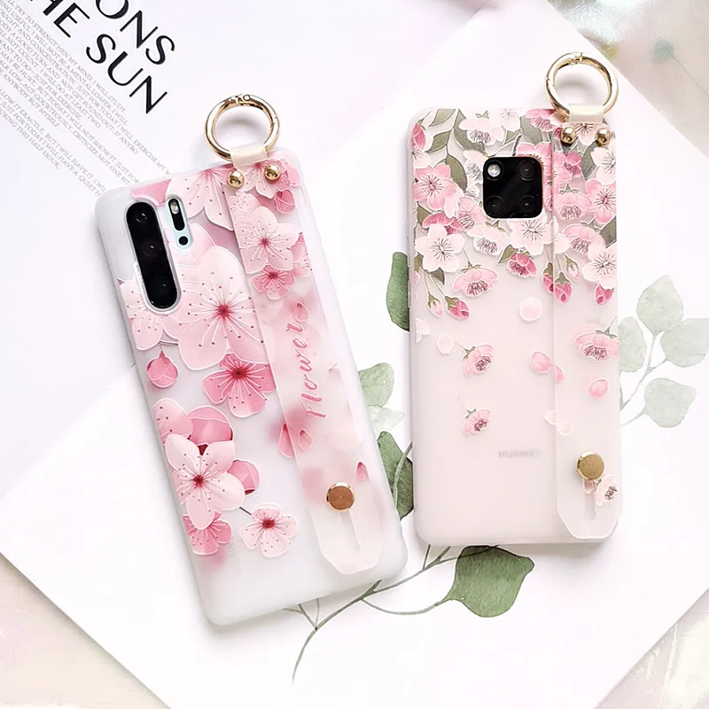 Для huawei P30/pro Peach blossom чехол на запястье полупрозрачный держатель цветы тиснение