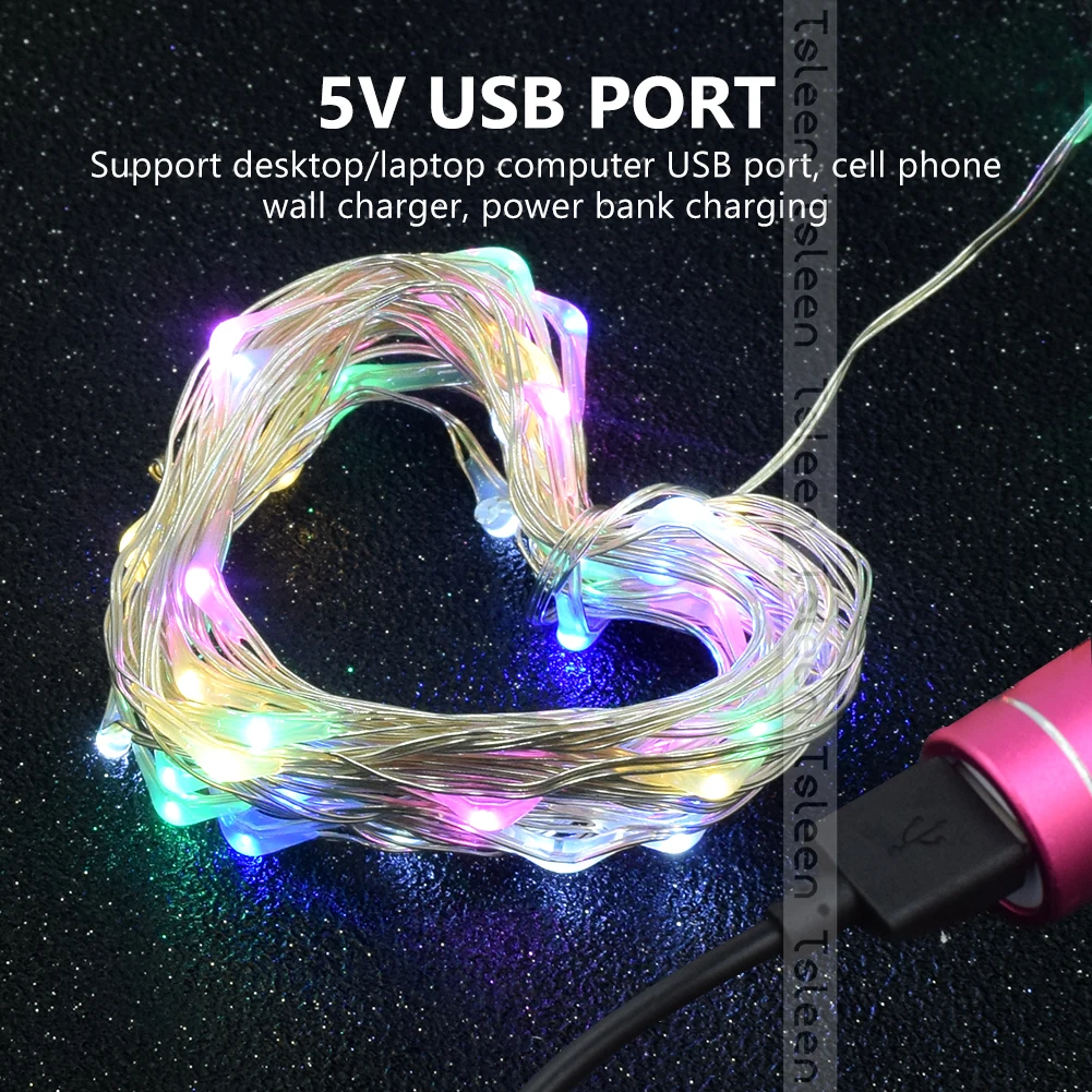 5 м 10 м серебристый провод USB светодиодный струнный светильник водонепроницаемый праздничное освещение ночного света для сказочных рождественских свадебных вечеринок украшения