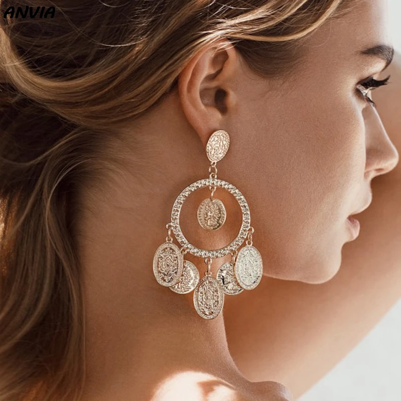 Женские Винтажные висячие серьги в виде монет большие богемные из холодного