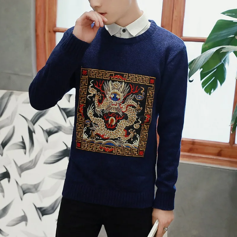 Мужской свитер с вышивкой в китайском стиле круглым вырезом|fashion men sweater|men fashion
