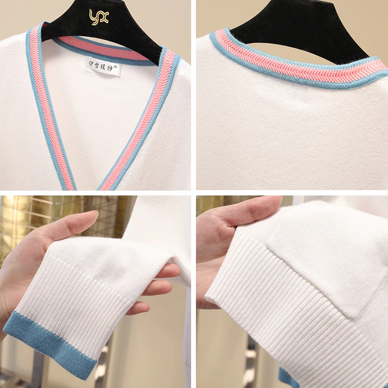 Luxury Designer Brand Knitted Sweater for Women V Neck Contrast Color Buttons Cardigan Black White |