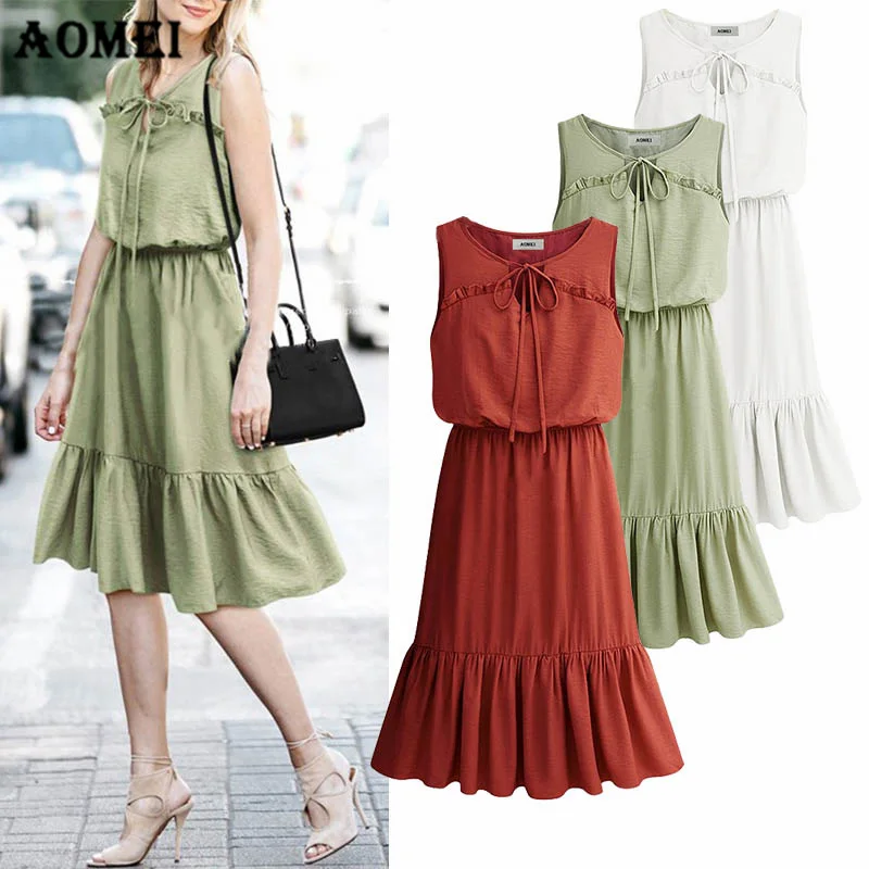 Dress Summer Girls for Women New Peplum Casual Dresses Fashion Lace Up Elastic Waist Femme Tank Elegant Robes Tunics Gowns | Женская