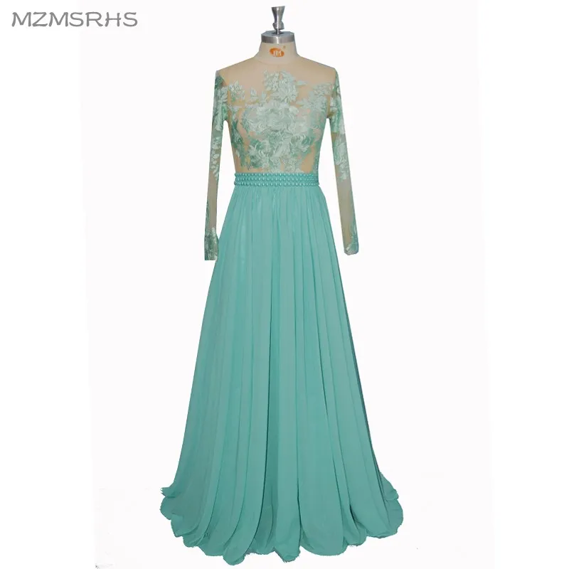 

Turquoise See Through Sexy Prom Dress with Long Sleeves A-Line Fashion Lace Appliqued Pearls Long Evening Dresses 2018