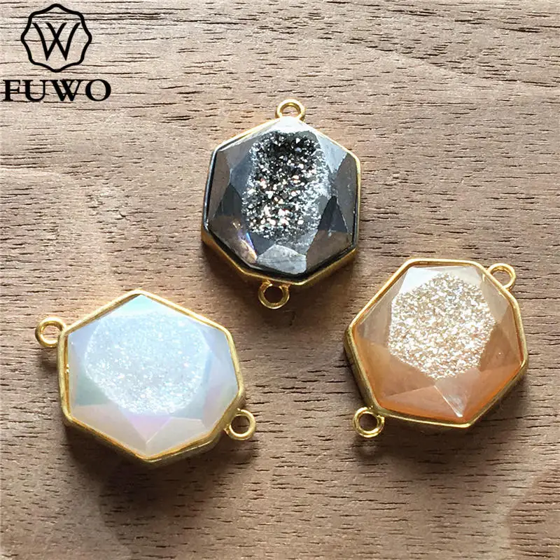 Fewo граненый аура Druzy Heptagon Разъем Кулон с золотым ободком отделан для изготовления
