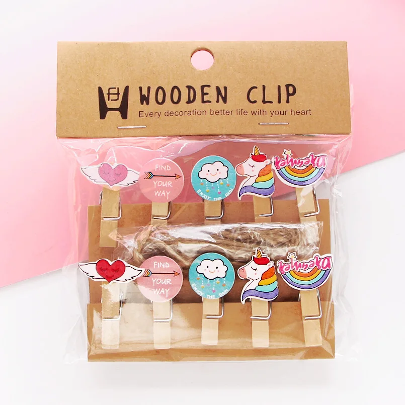 

10 Pcs/Set Rainbow and Unicorn Series Wooden Clip Photo Clips Party Decoration Clip with Hemp Rope