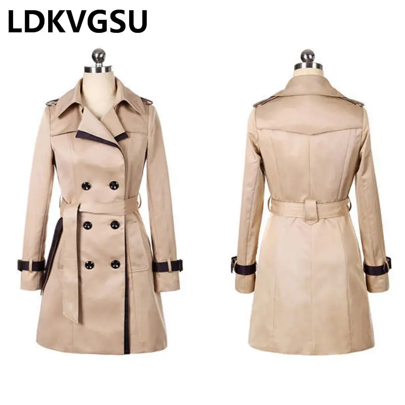 2019 Spring Autumn New Fashion Slim Long Double Breasted Trench Coat For Women Solid Color Lapel Belt Waist Windbreaker Is1641 | Женская