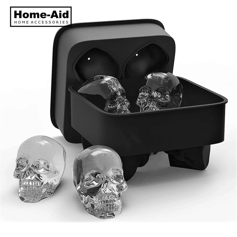 

4 Grids 3D Skull Head Ice Cube Mold Halloween Skull Shaped Whisky Wine Ice Cube Tray Maker Chocolate Mould Bar Party Supplies