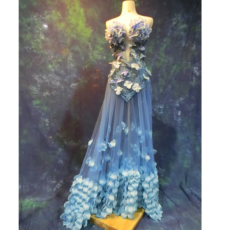3D flower petals perspective Long DressBlue tube top Stage Wear Dress Bar Female Singer Gogo dance Dj costume Evening Outfit |
