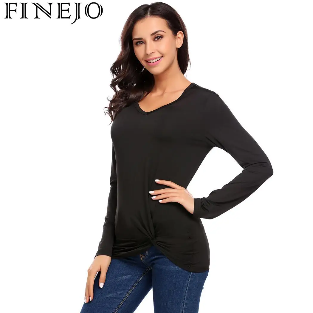 FINEJO женская футболка топ осень 2018 длинный рукав Повседневный v образный вырез