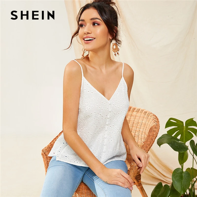 SHEIN топ на пуговицах спереди Schiffy,, Boho, белый, Одноцветный, с рюшами, с ушками, с вышивкой, летний, v-образный вырез, на тонких бретелях, жилеты
