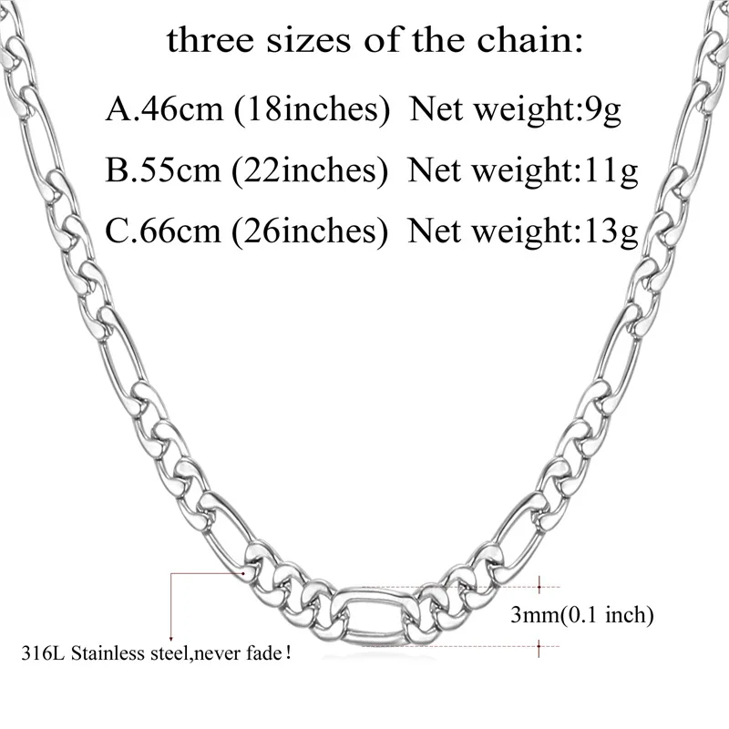 Нержавеющая сталь 316L/черный пистолет/золото 3 мм Фигаро цепочка на шею для мужчин