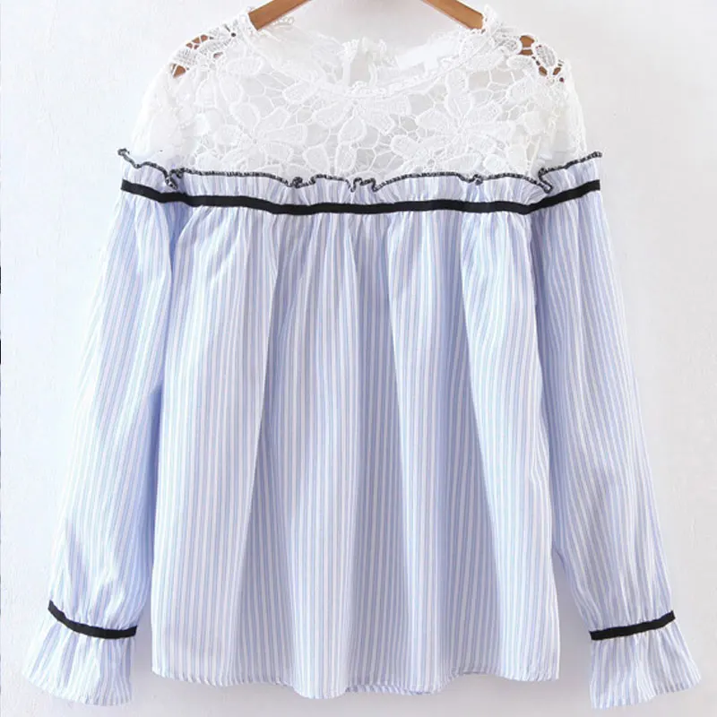 Crochet Hollow Out Lace Neck Vertical Striped Women Loose Blouse Long Sleeve Casual Summer Tops Plus Size Fashion 2017 |
