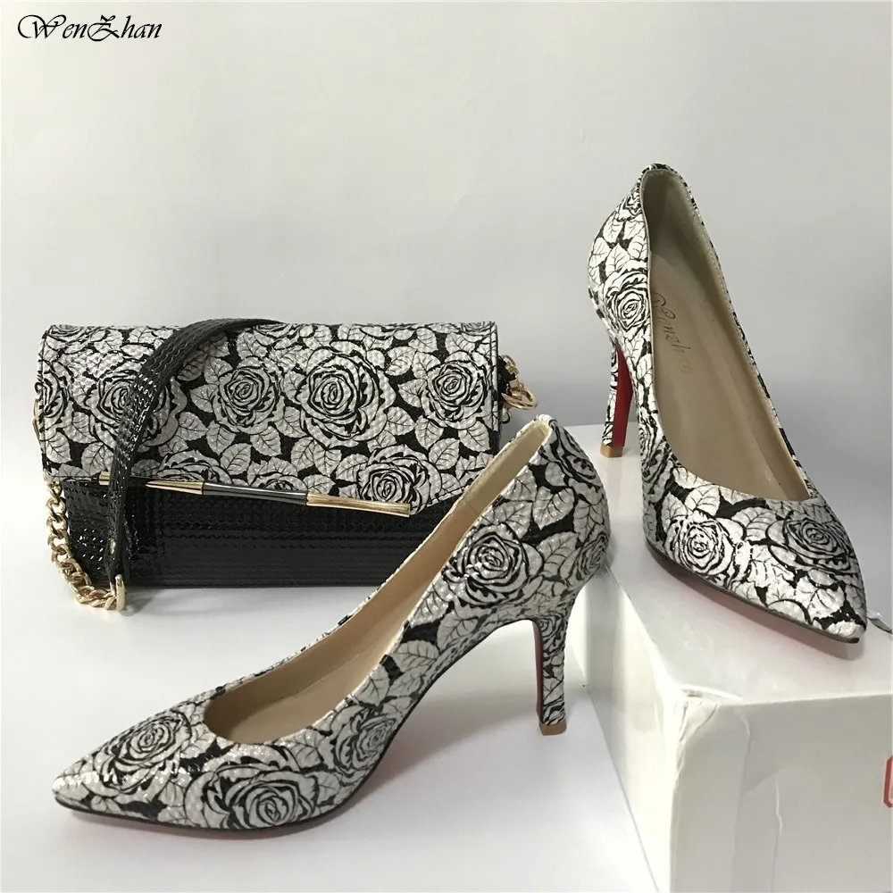 Мягкая обувь на высоком каблуке и подходящая к ней сумка с цветами WENZHAN черные