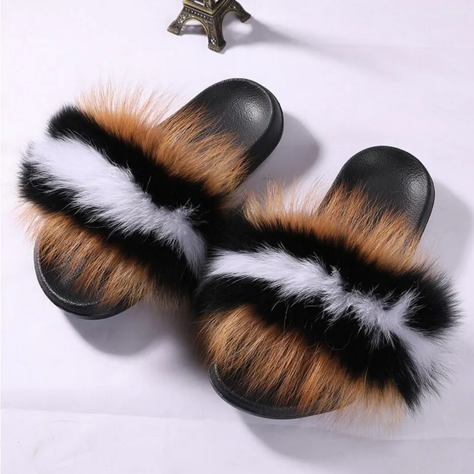 FXFURS/ г.; летние модные шлепанцы из лисьего меха; Коллекция года; тапочки из натурального меха енота; Домашние уличные сандалии; очень роскошные - Цвет: colorful 3